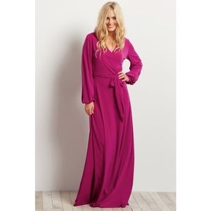 💗 PinkBlush Magenta Solid Sash Tie Wrap Maxi Dress NWT 💗